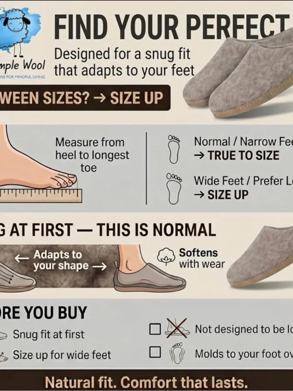 Houssimple wooI indoor Slippers Natural Organic Wool, Genuine Leather Sole